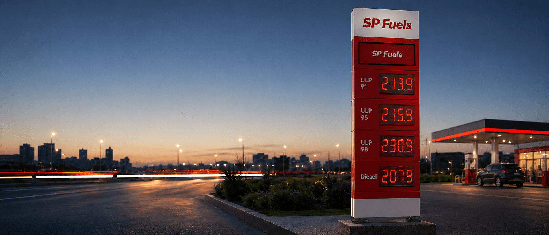 Roadside LED fuel price board at a petrol station