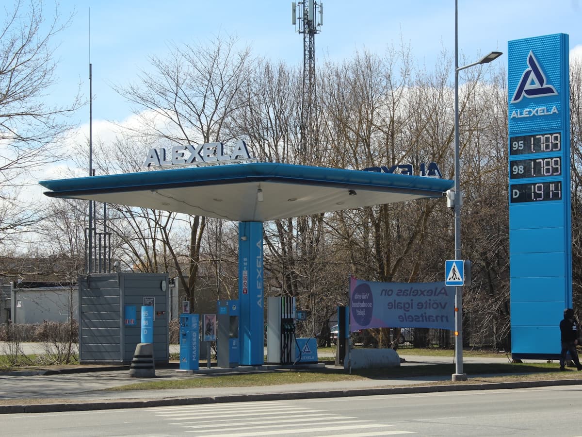 Close-up of a compact LED fuel price display on a forecourt